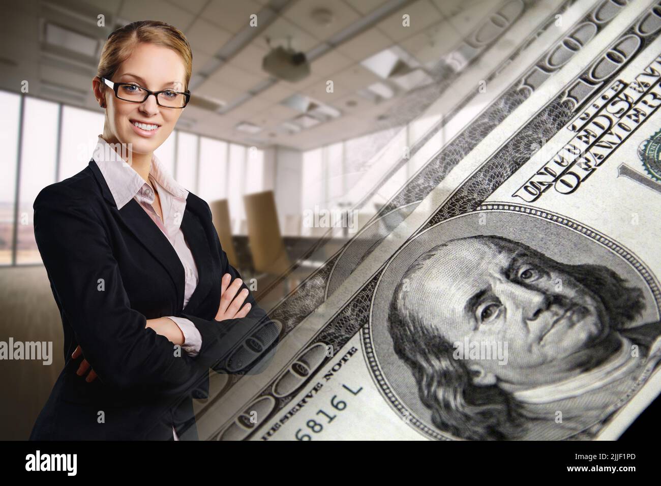 Donna esecutiva e dollari in contanti Foto Stock