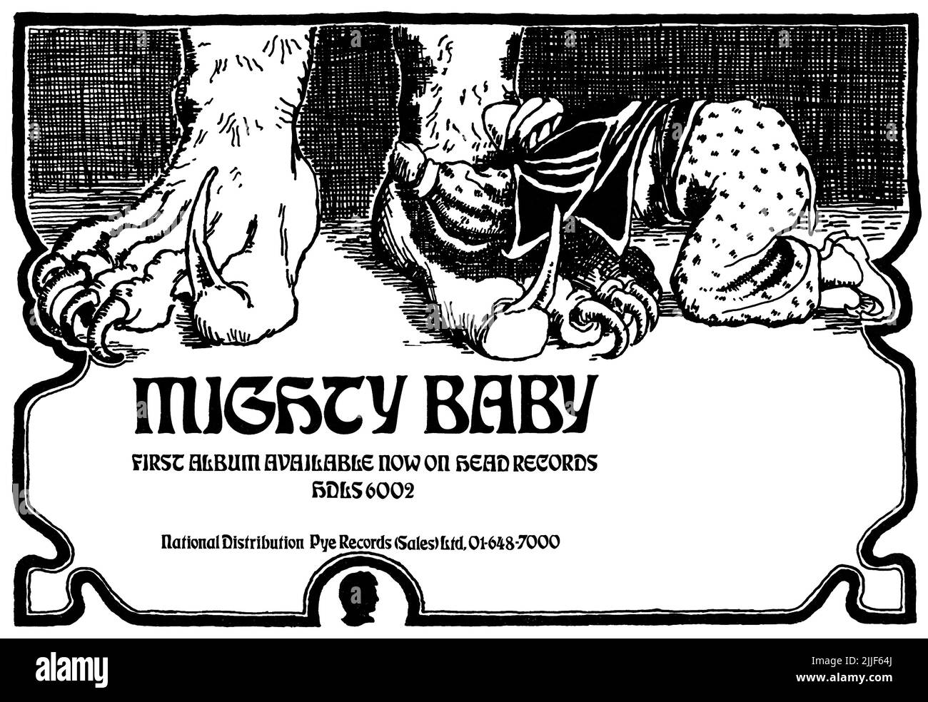 1969 pubblicità britannica per l'album di debutto di Mighty Baby on Head Records. Foto Stock