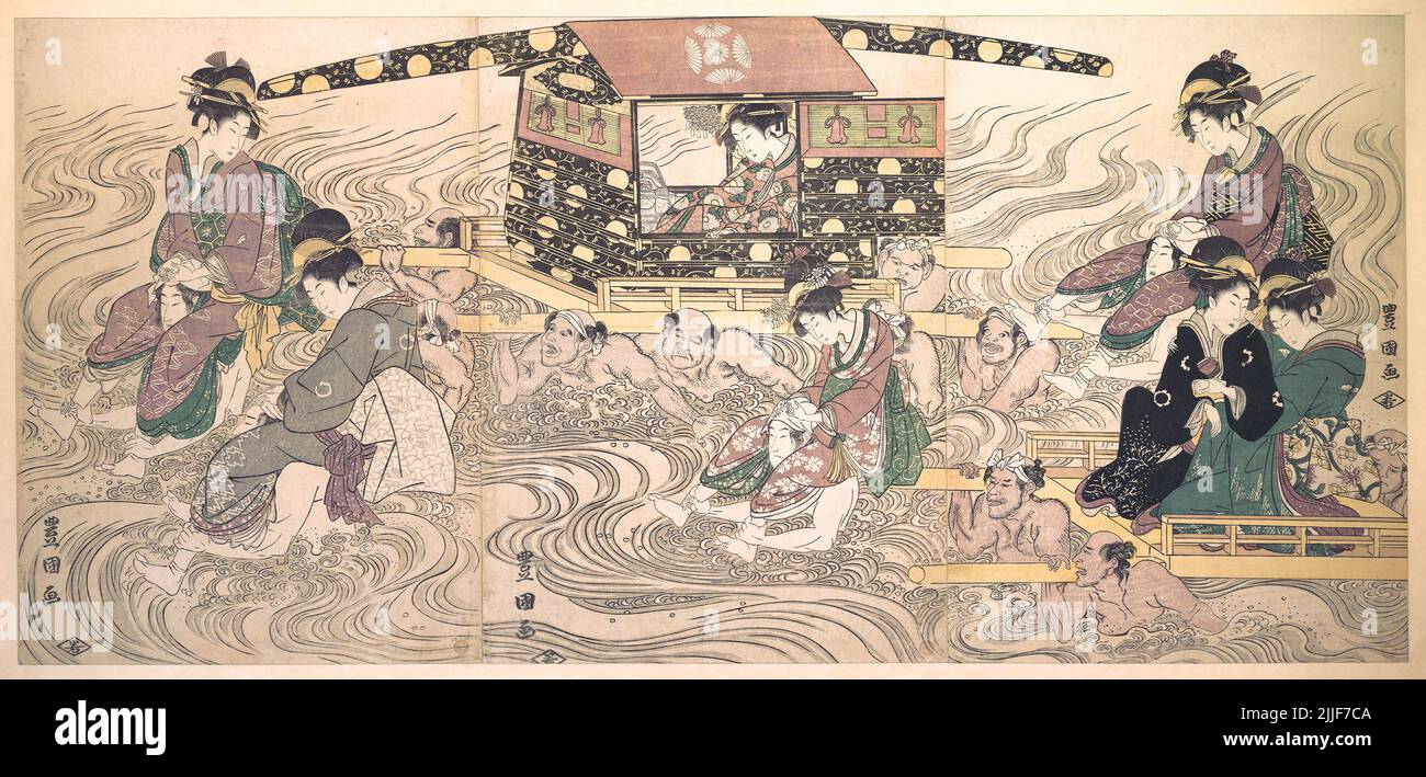 Giappone: 'I viaggiatori giusti che fordano il fiume Oi'. Parte di un blocco di legno trittico stampato da Utagawa Toyokuni (1769 - 24 febbraio 1825), c.. 1800. Utagawa Toyokuni, spesso chiamato anche Toyokuni i, per distinguerlo dai membri della sua scuola che ha preso il controllo del suo gō (art-name dopo che è morto) era un grande maestro di ukiyo-e, conosciuto in particolare per le sue stampe di attore Kabuki. Utagawa era uno dei capi della rinomata scuola di artisti giapponesi di blocchi di legno di Utagawa, ed era la persona che la spostò realmente nella posizione di grande fama e potere che occupava per il resto del diciannovesimo secolo. Foto Stock