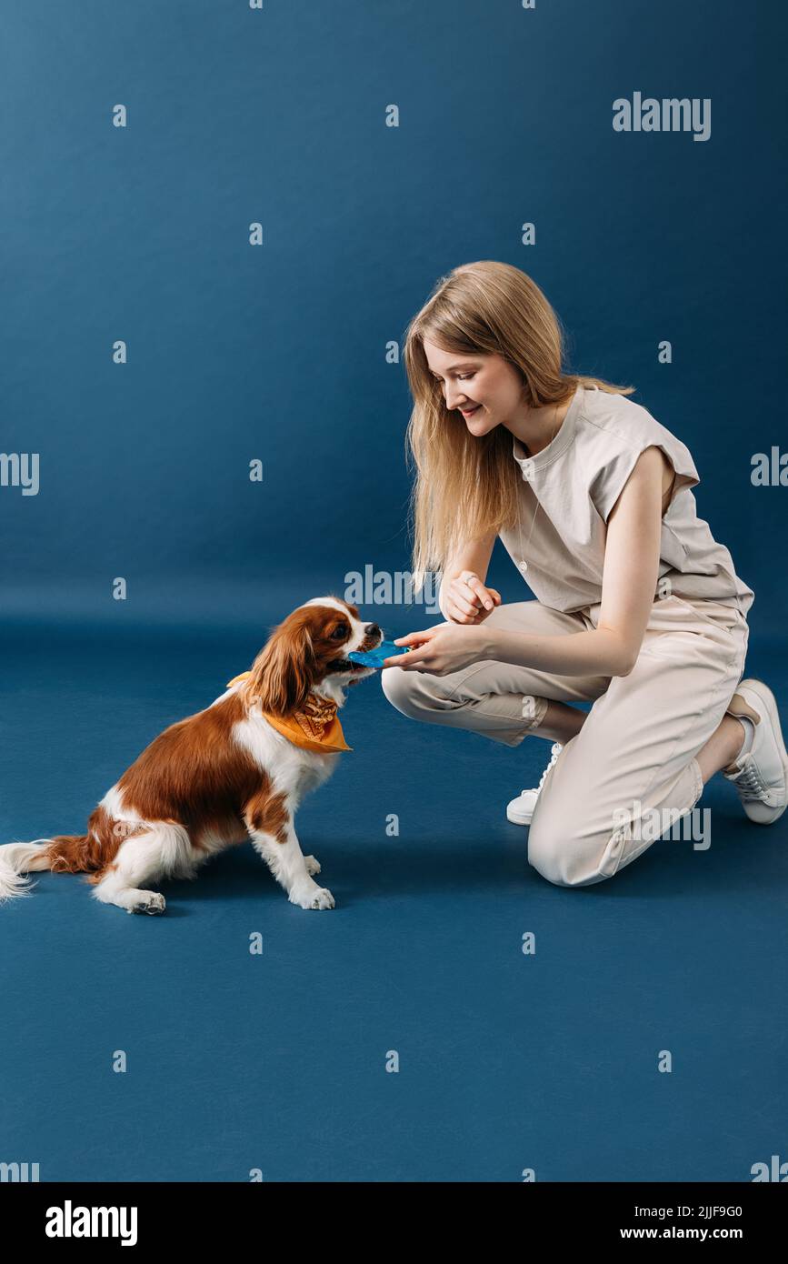 Vista laterale della giovane donna che gioca con il suo cane su sfondo blu Foto Stock