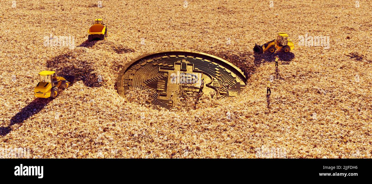 Gold Bitcoin Mining Business Concept Electronic Currency Finance Transactions Industry Wealth Investment decentralizzato Virtual Currency 3D illustratio Foto Stock