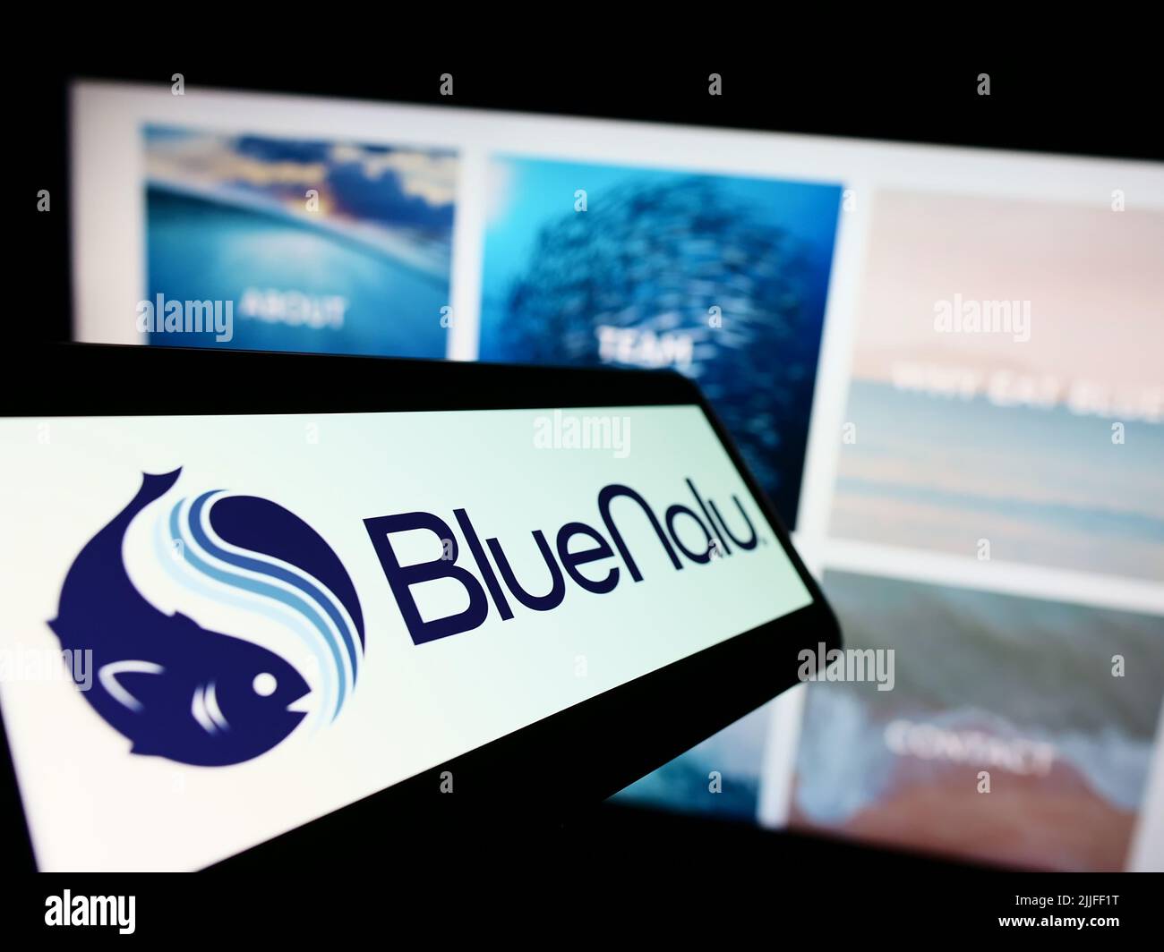 Telefono cellulare con logo della società americana di pesce BlueNalu Inc. Sullo schermo di fronte al sito web aziendale. Concentrarsi sul centro del display del telefono. Foto Stock