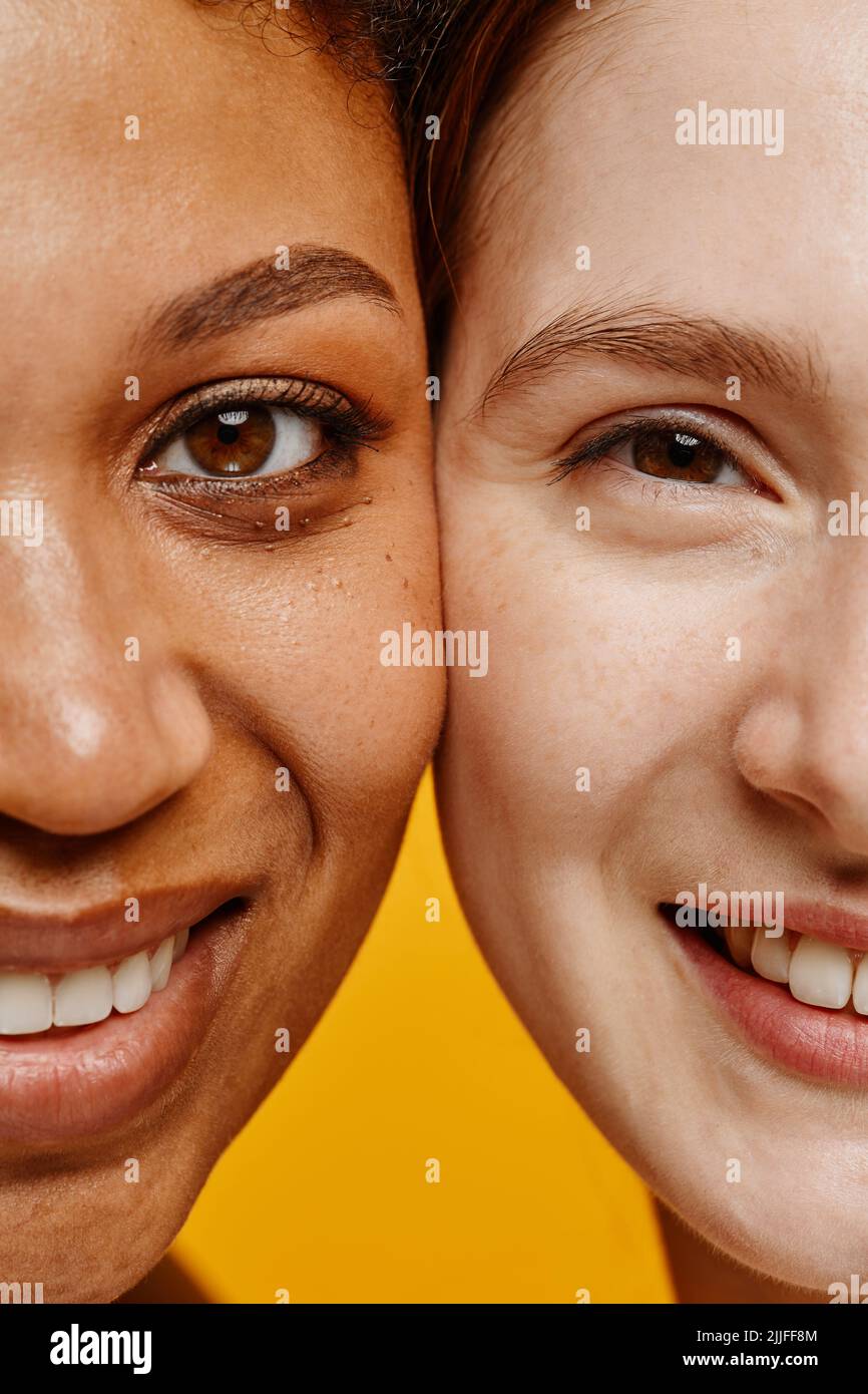 Primo piano a metà faccia di due giovani donne nere e caucasiche sorridenti felicemente alla macchina fotografica Foto Stock