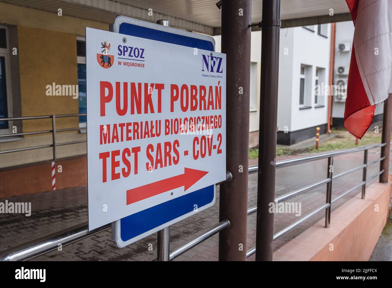 Punto di raccolta genetica, test Sars-Cov2 in un ospedale a Wegrow City, Polonia Foto Stock