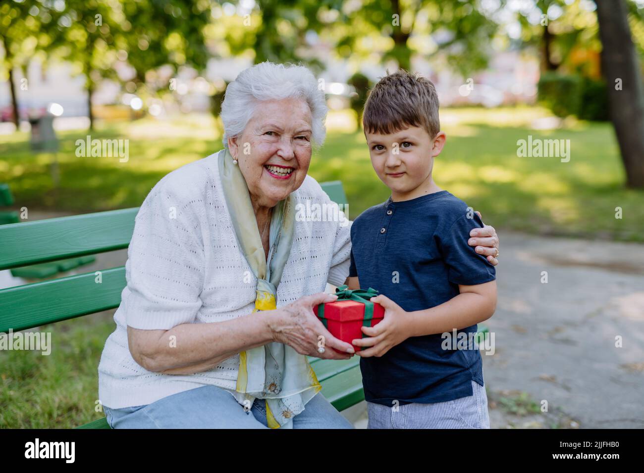 Nipote sorprende la nonna con un regalo di compleanno nel parco. Stile di vita, concetto di famiglia Foto Stock