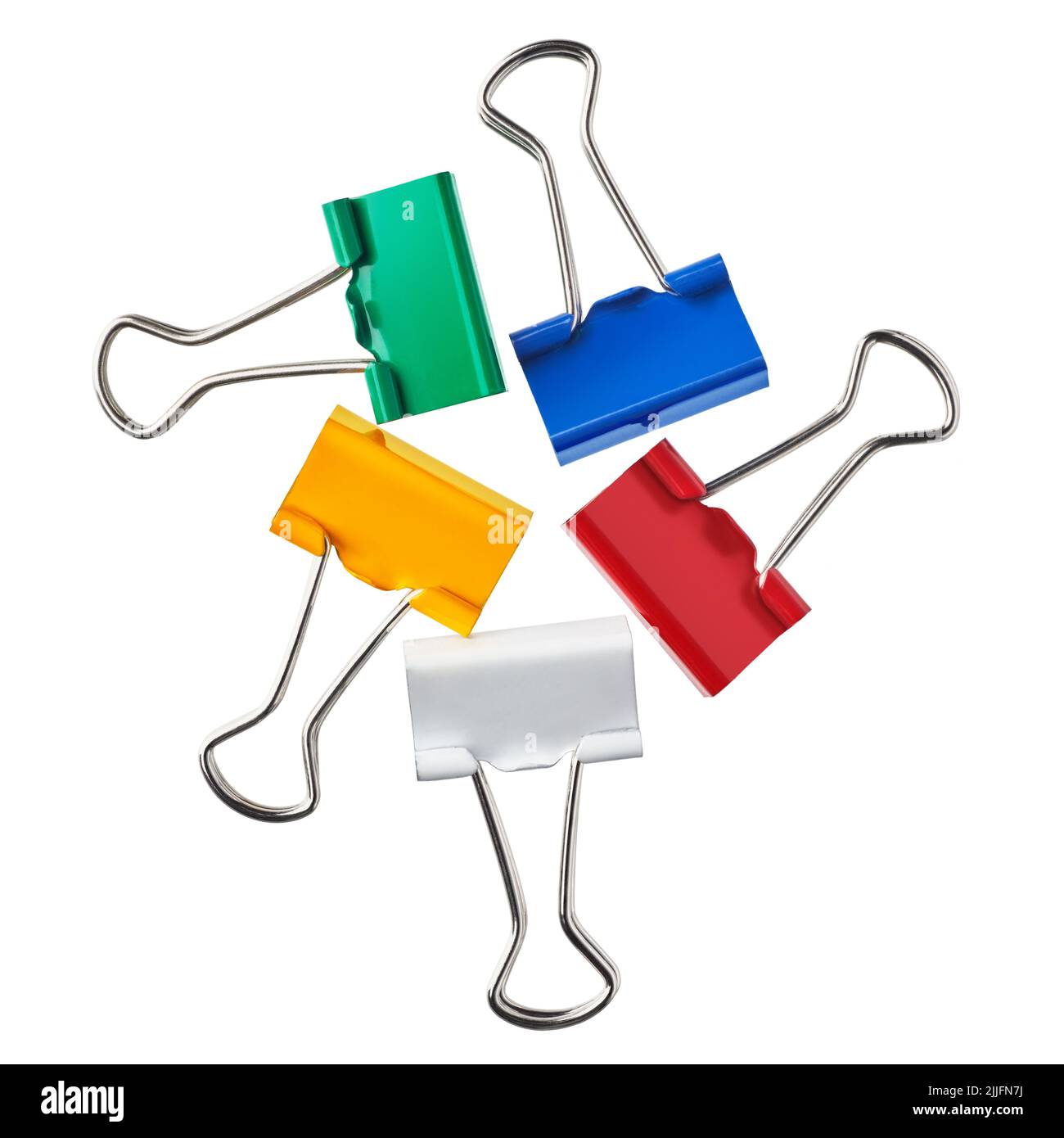 Gruppo di clip in carta multicolore, isolate su sfondo bianco Foto Stock