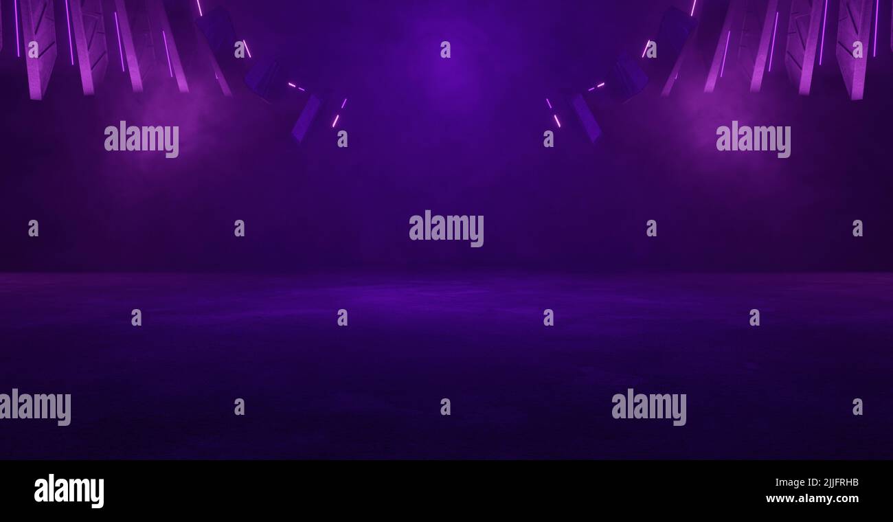 Fantasy Modern Tunnel Corridor Garage Showroom Underground Hall Interestable Smoke Volumetrics Bright Purple Banner sfondo Wallpaper 3D rendering Foto Stock