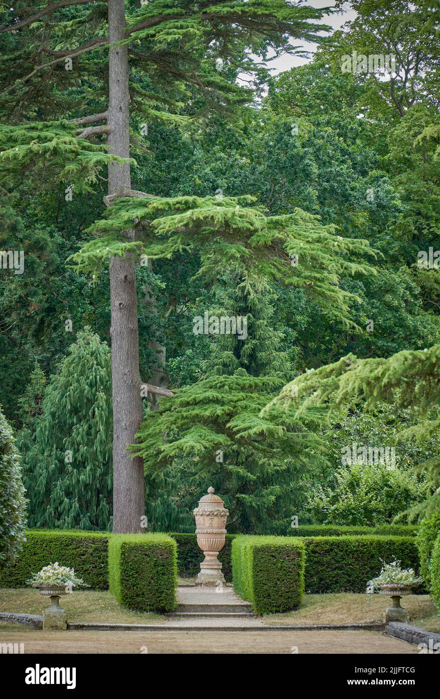 Urna ornamentale in pietra in un giardino formale in estate Foto Stock