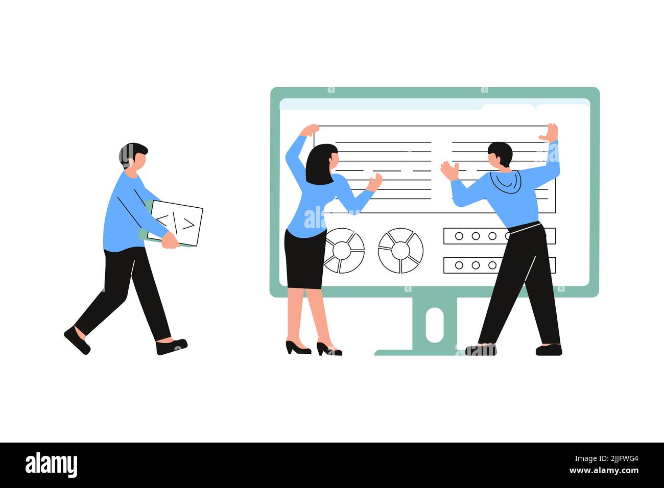 Concetto aziendale. Aggiornamento del sistema operativo, processo di aggiornamento del software. Illustrazione Flat Art Foto Stock