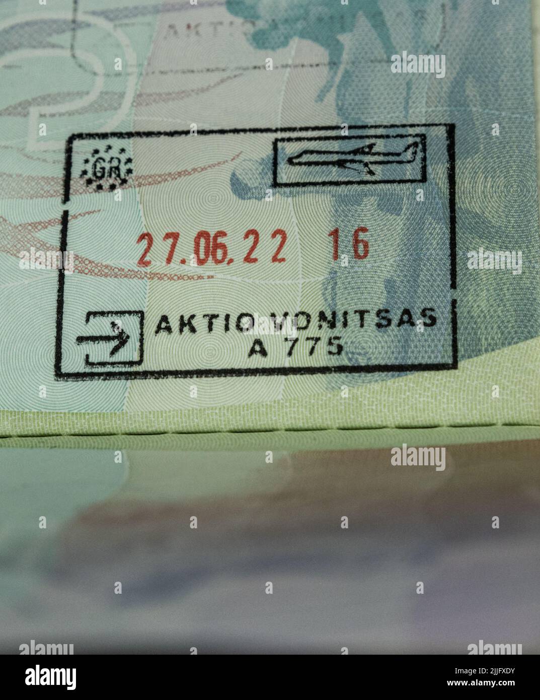Passaporto immigrazione visto francobolli entrata en uscita Foto Stock
