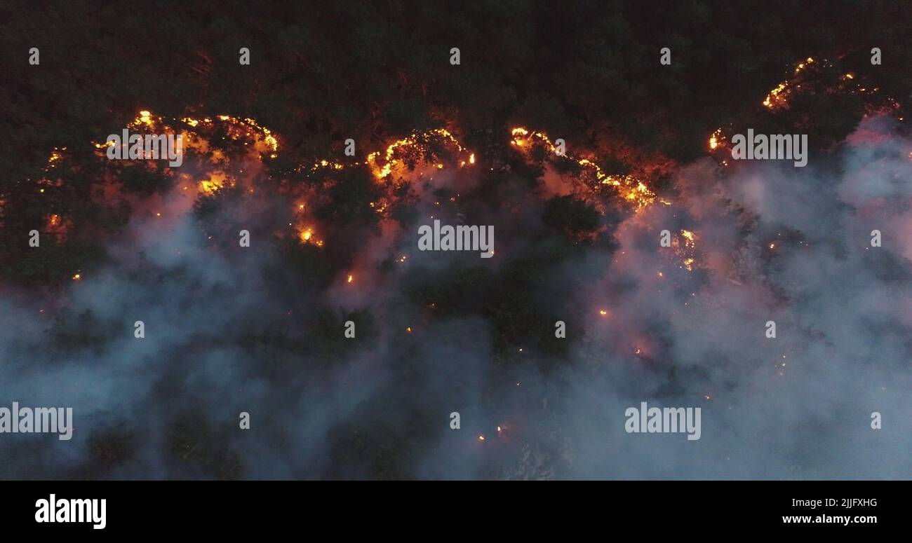 Vista panoramica aerea di un incendio forestale di notte, il fumo pesante provoca inquinamento dell'aria, e fuoco in piena luce. Un'epica ripresa cinematografica di droni di un disastro naturale. Foto Stock