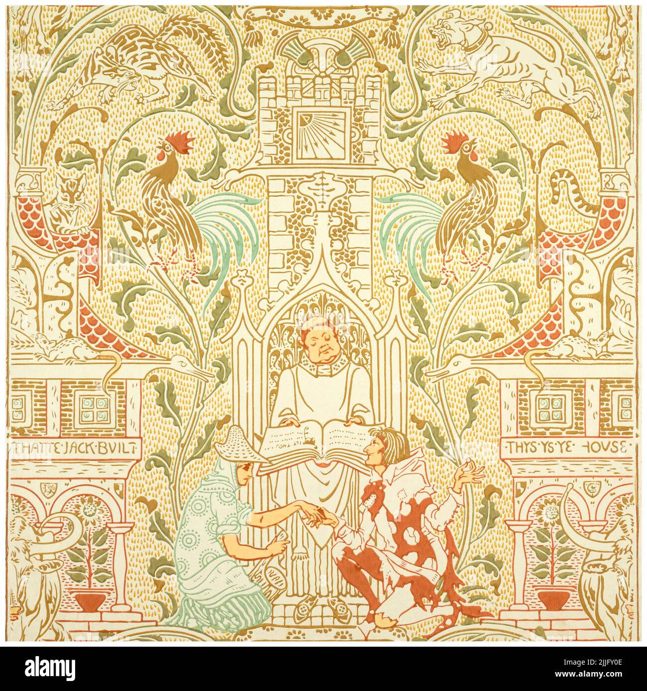 Walter Crane, la Casa che Jack ha costruito, carta da parati modello, 1886 Foto Stock