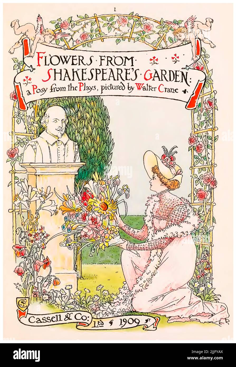 Frontespizio del libro illustrato 'Fiori dal giardino di Shakespeare, un'elegante commedia delle opere', illustrazione di Walter Crane, 1909 Foto Stock