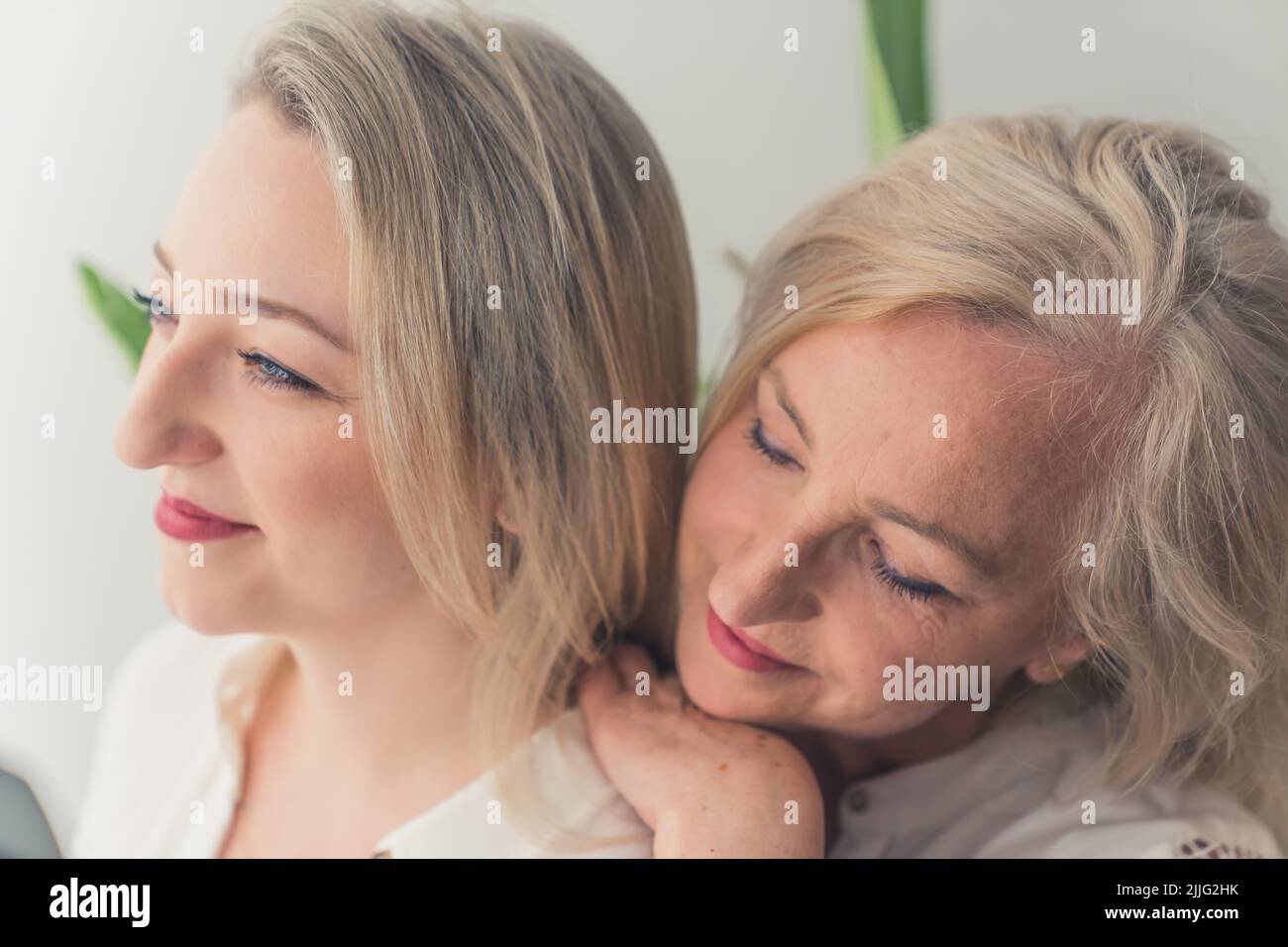 Ritratto di due belle bionda caucasiche donne medio primo piano interno concetto di benessere. Foto di alta qualità Foto Stock
