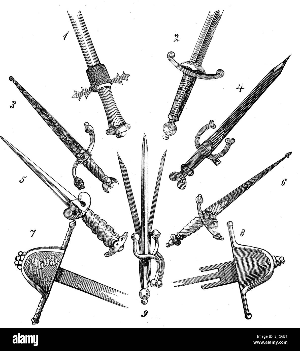 Dolche aus der Zeit vom 15.- 17. Jahrhundert, aus Deutschland, Italien und Spanien / Daggers dal periodo di 15th - 17th secoli, dalla Germania, Italia e Spagna, Historisch, storico, Riproduzione digitale migliorata di un originale del 19th secolo / digitale restaurierte Reproduktion einer Originalvorlage aus dem 19. Jahrhundert, genaues Originaldatum nicht bekannt, Foto Stock