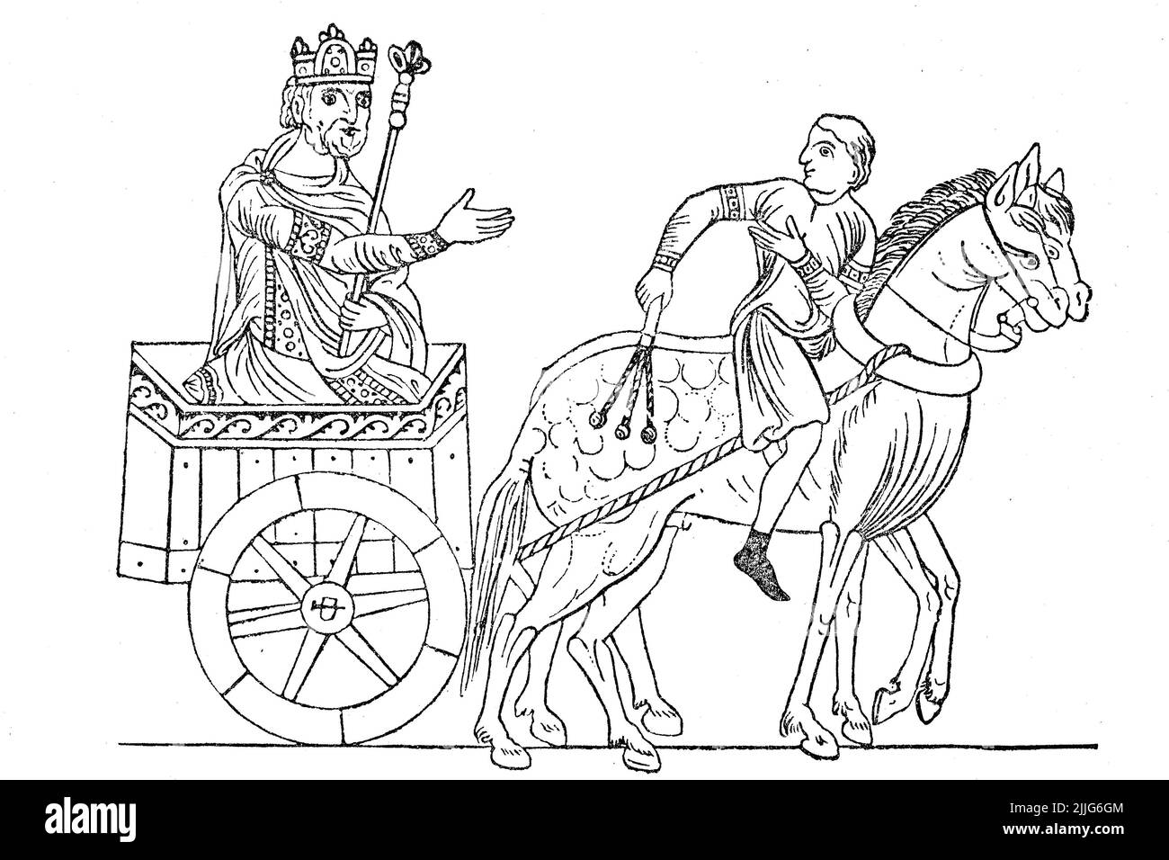 Kulturzustand im 12. Jahrhundert, König im Pferdewagen, nach einem Bild in der Handschrift des Hortus deliciarum der Herrad von Landsberg, Deutschland / Stato culturale nel 12th secolo, re in carrozza trainata da cavalli, dopo una foto nel manoscritto dell'Hortus deliciarum di Herrad di Landsberg, Germania, Historich, storico, Riproduzione digitale migliorata di un originale del 19th secolo / digitale restaurierte Reproduktion einer Originalvorlage aus dem 19. Jahrhundert, genaues Originaldatum nicht bekannt, Foto Stock