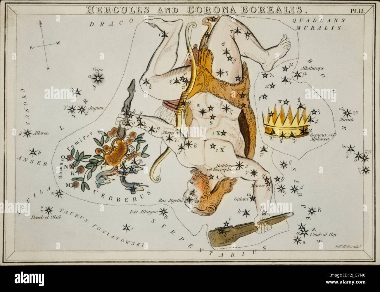 Grafico astronomico illustrazione di Ercole e la Corona Borealis, 1831, Sidney Hall Foto Stock