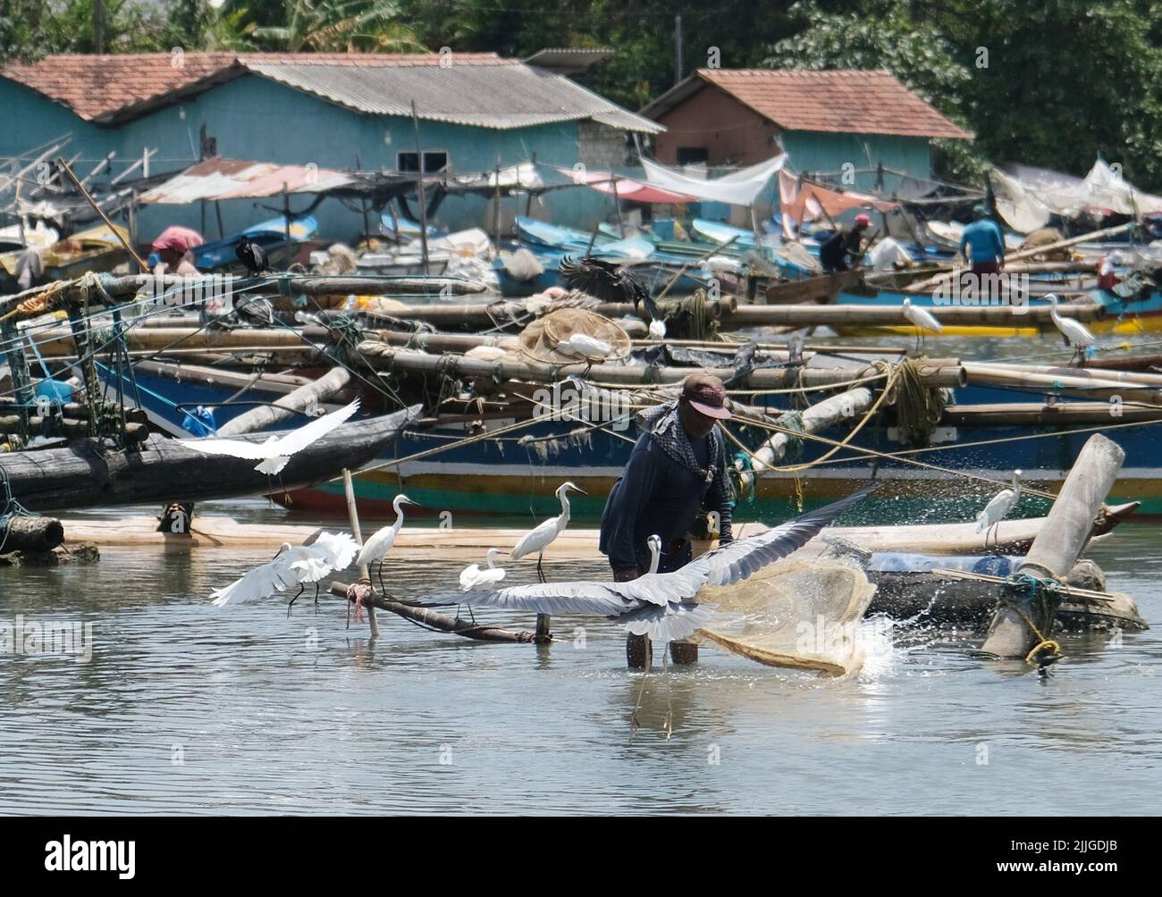 Negombo, Sri Lanka. 26th luglio 2022. I pescatori lavorano in un villaggio di pescatori a Negombo, Sri Lanka, 26 luglio 2022. A causa della scarsità di olio combustibile, molti pescatori dello Sri Lanka si sono rivolti a barche a vela tradizionali a motore umano per pescare per vivere. Credit: Wang Shen/Xinhua/Alamy Live News Foto Stock