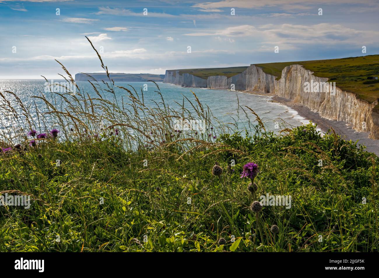 The Seven Sisters at Birling Gap durante il tramonto sul South Downs National Park, Eastbourne, East Sussex, Inghilterra, Regno Unito, GB Foto Stock
