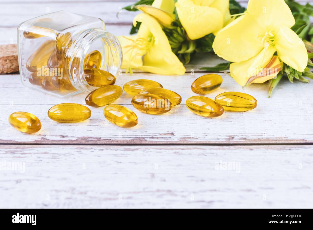 Softgels con olio di enagra, supplemento di medicina di erbe, fiori di pianta di primrose, spazio di copia Foto Stock