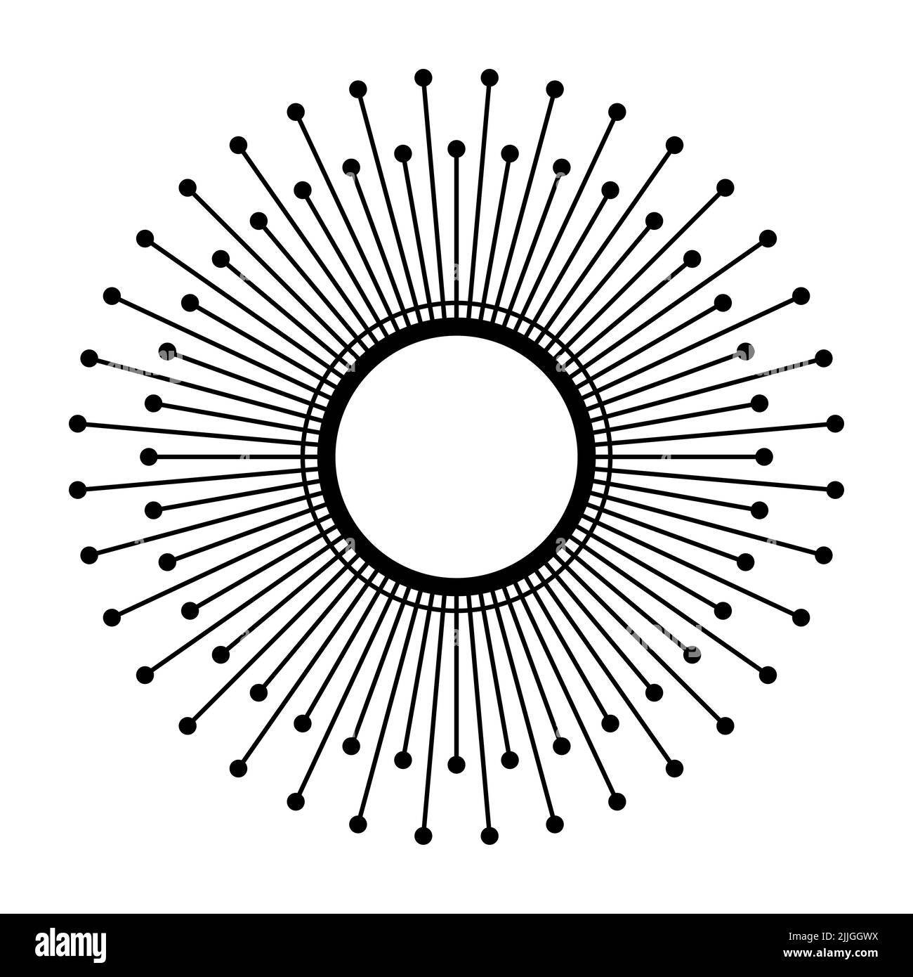 Simbolo del sole. Disco solare con 72, sei volte dodici, raggi di luce, con punti su ogni estremità. Le variazioni del segno sono usate per un mostro solare. Foto Stock