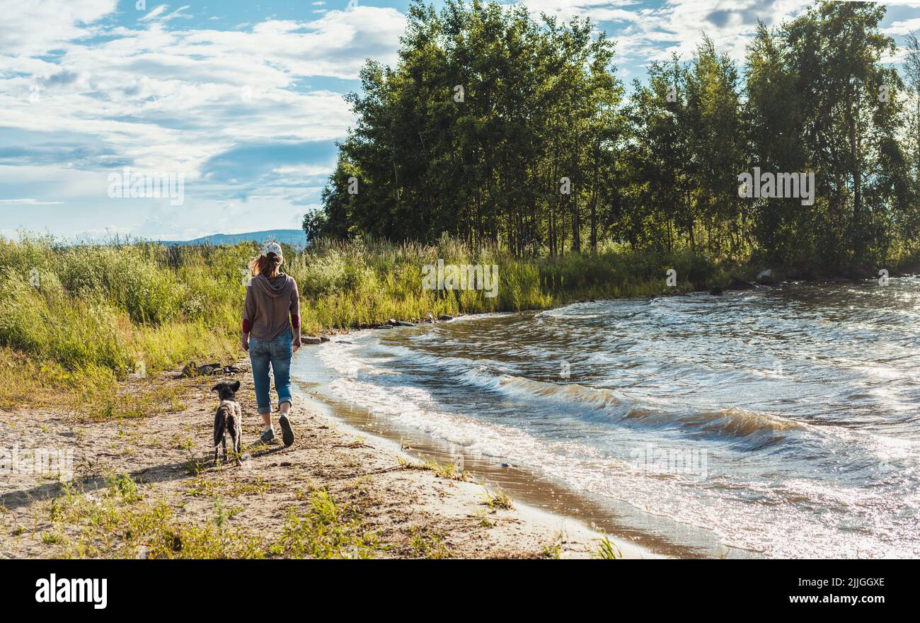 vista posteriore della giovane donna che cammina lungo la riva del lago con cani di razza mista viaggio ed escursioni con animali domestici Foto Stock