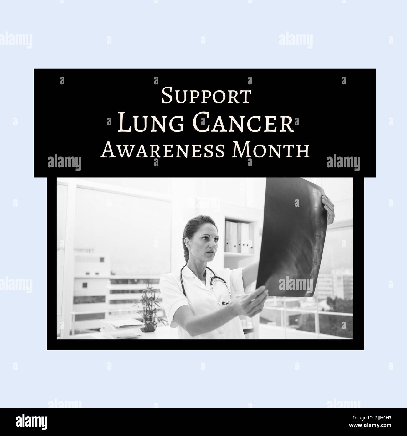 Immagine del concetto di consapevolezza del cancro ai polmoni sopra le foto con la dottoressa caucasica e la foto radiografica Foto Stock