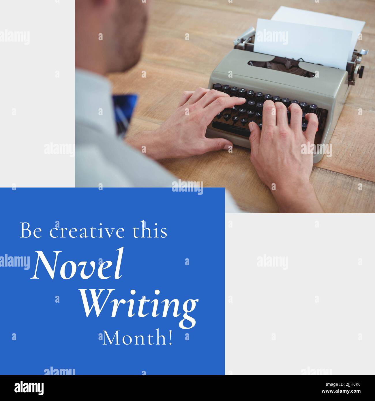 Composizione del testo nazionale del mese della scrittura del romanzo sull'uomo caucasico usando la macchina da scrivere Foto Stock