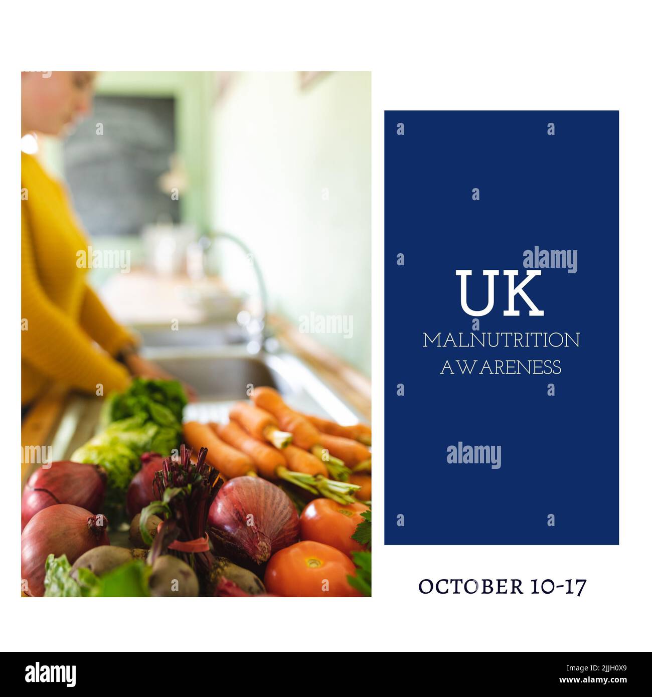 Composizione del testo britannico di consapevolezza di malnutrizione con la donna caucasica che cucina Foto Stock