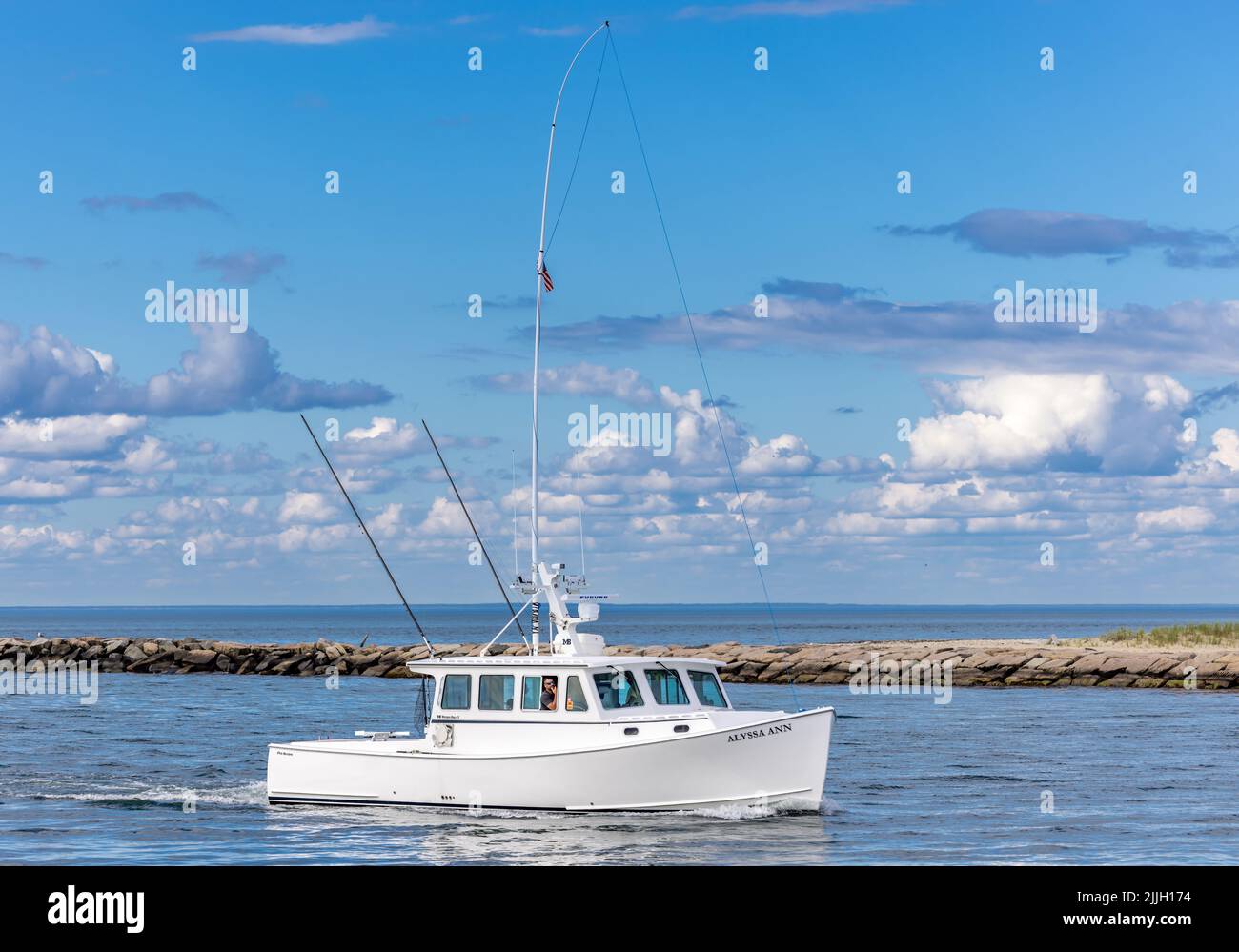 Barca da pesca, Alyssa Ann di ritorno al porto di Montauk, NY Foto Stock