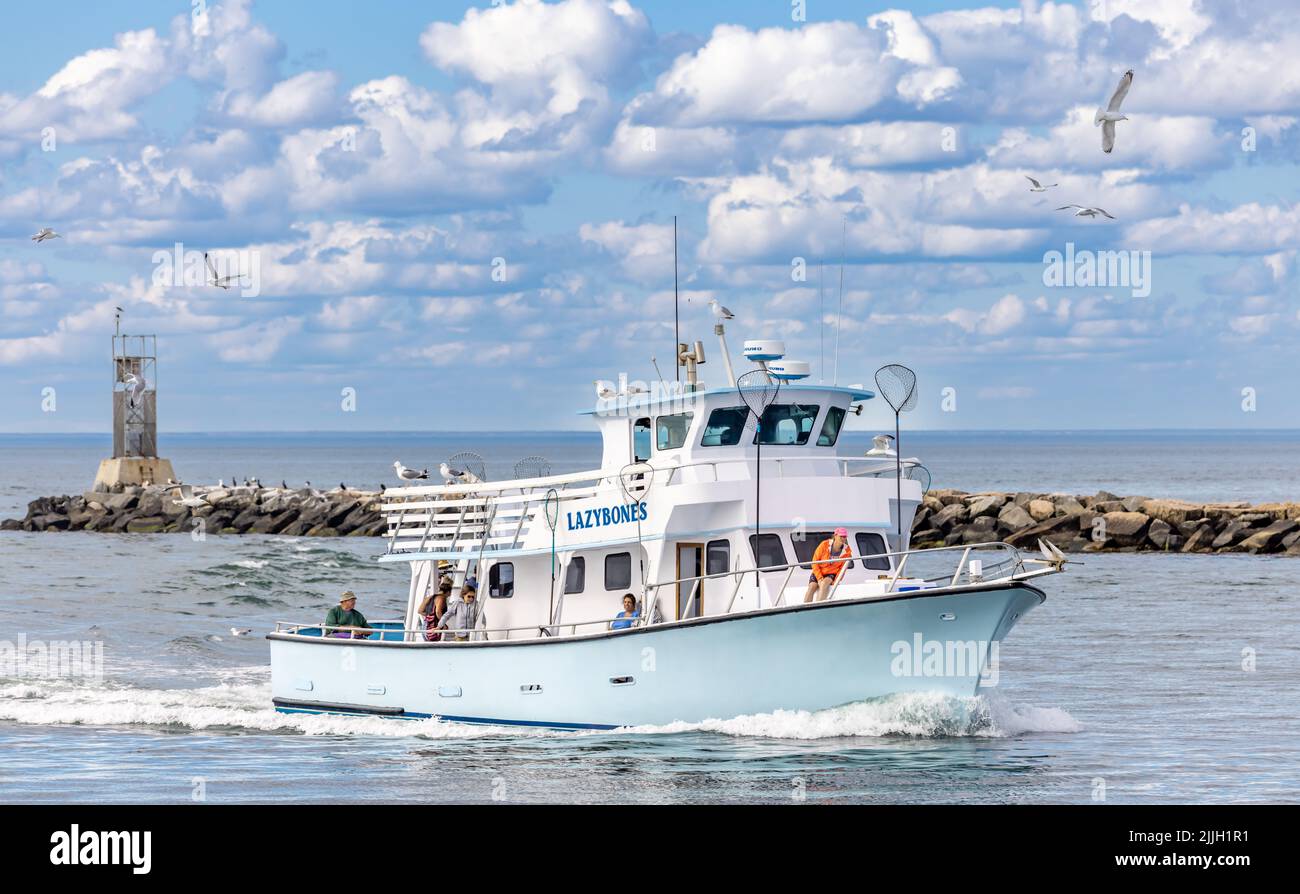 Charter barca da pesca, Lazy Bones in arrivo a Montauk Foto Stock