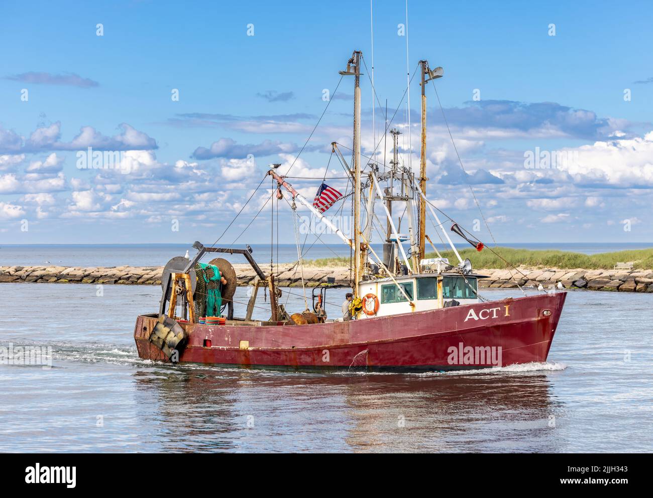 Barca da pesca, atto che vengo in molo a Montauk Foto Stock