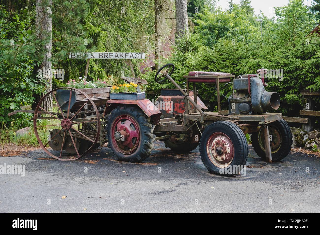 Vecchio trattore vintage o veicolo agricolo fuori per esposizione. Rotto arrugginito tracktor decorato con fiori. Foto Stock