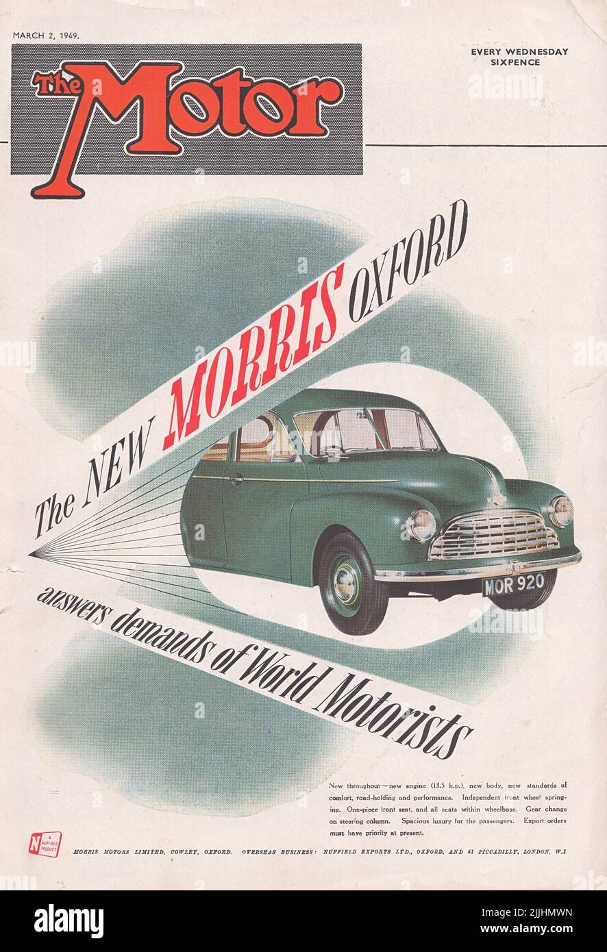 Prima pagina della rivista Motor UK prima pagina della rivista Motor 2 marzo 1949 Foto Stock