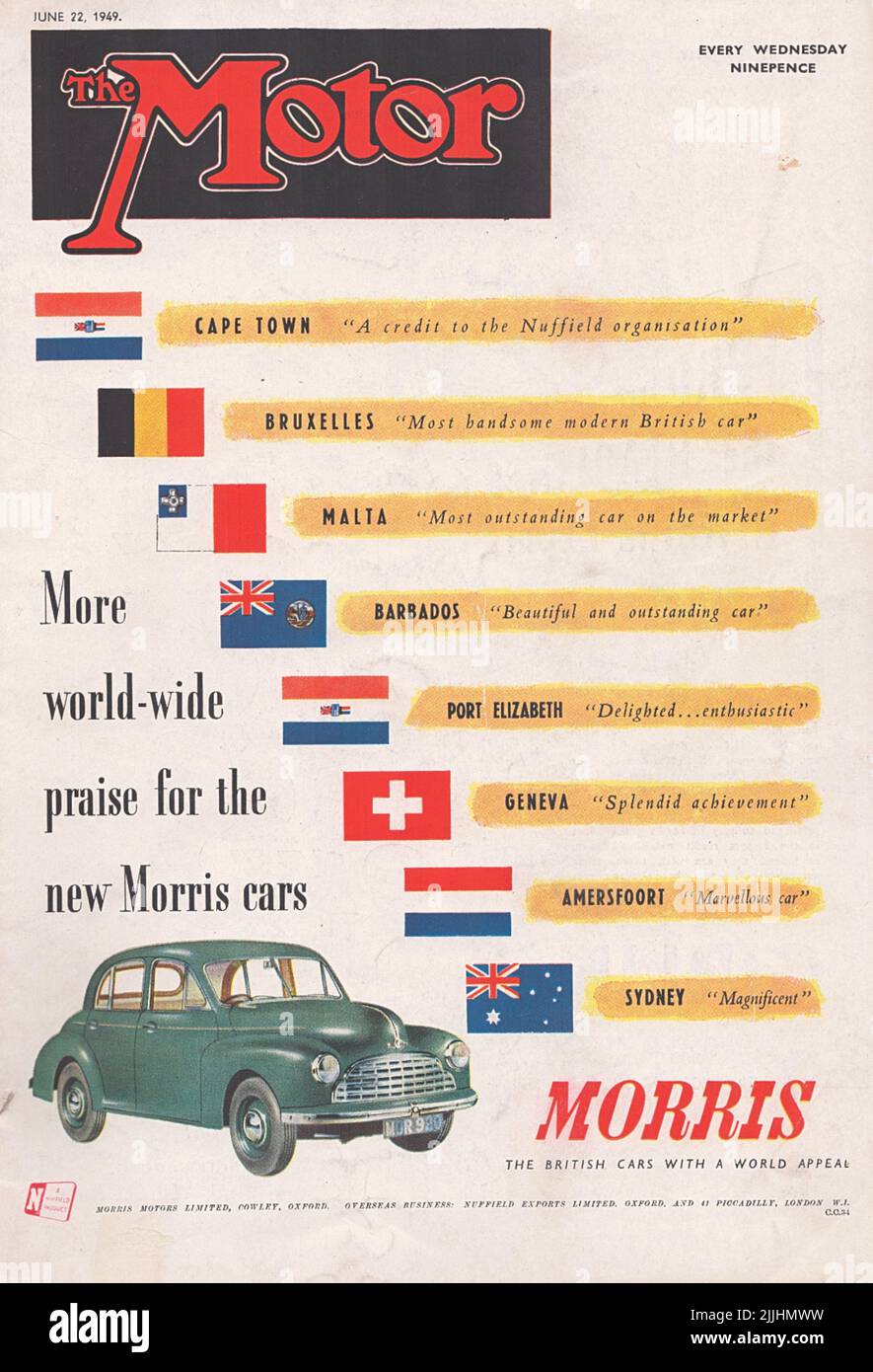 Prima pagina della rivista Motor UK prima pagina della rivista Motor 22 giugno 1949 annata retro uk Foto Stock