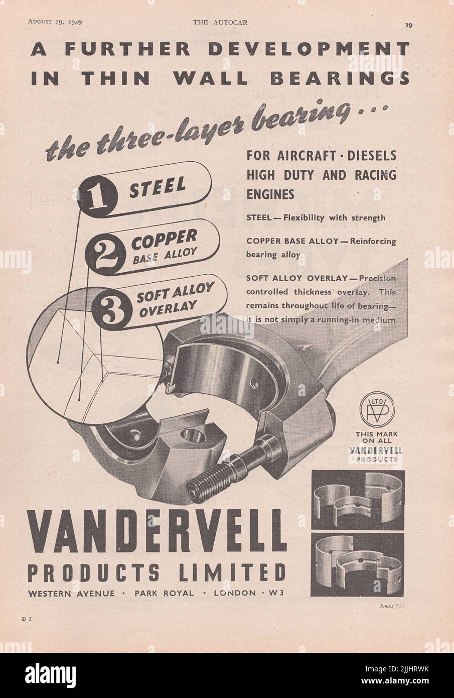 Vandervell Products Limited Vandervell Bearings Old vintage advertisement from a UK car magazine 1949 Foto Stock