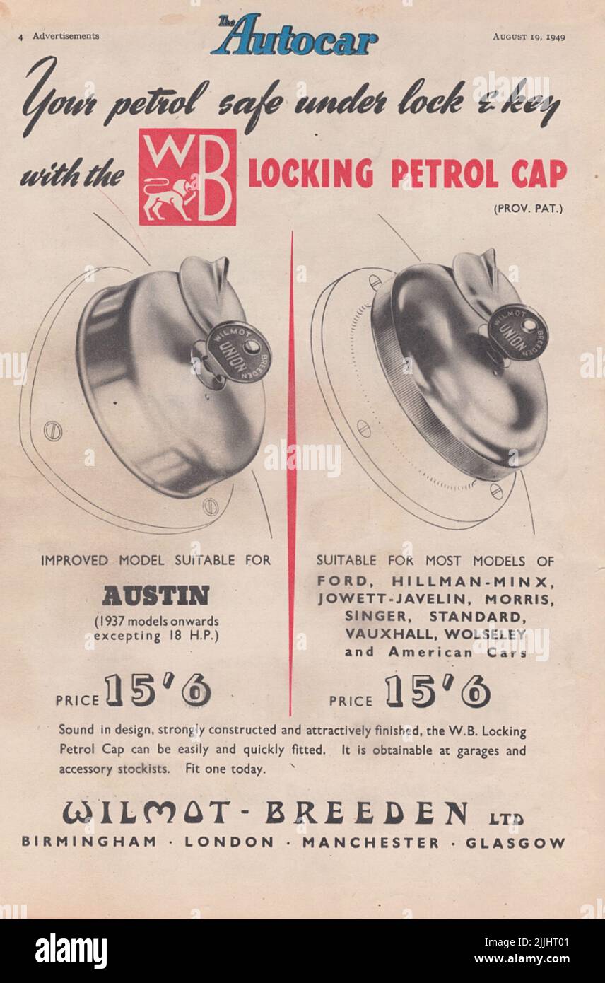 Vecchia pubblicità vintage da una rivista automobilistica britannica Foto Stock