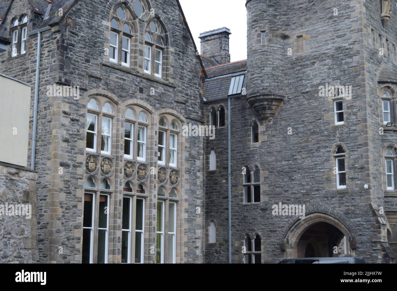 Dettagli dell'ex Abbazia di Fort Augustus, un monastero benedettino, dalla fine del XIX secolo al 1998 che ospitava anche una scuola per ragazzi Foto Stock