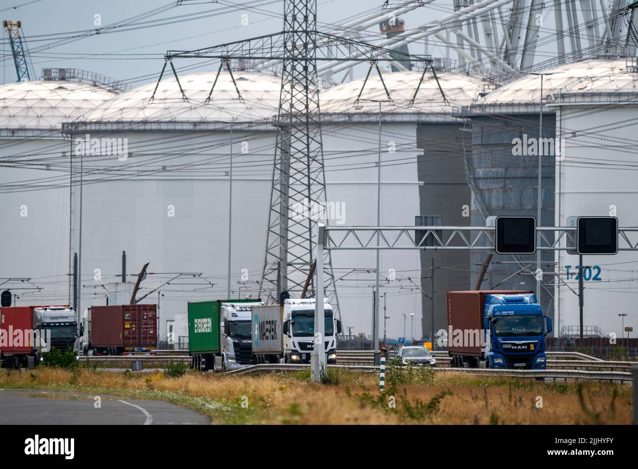 Porto Maasvlakte di Rotterdam, Mississippihaven, zona di carico alla rinfusa, terminale HES Hartel Tank, azienda petrolifera, autostrada A15, Europaweg, Truc Foto Stock