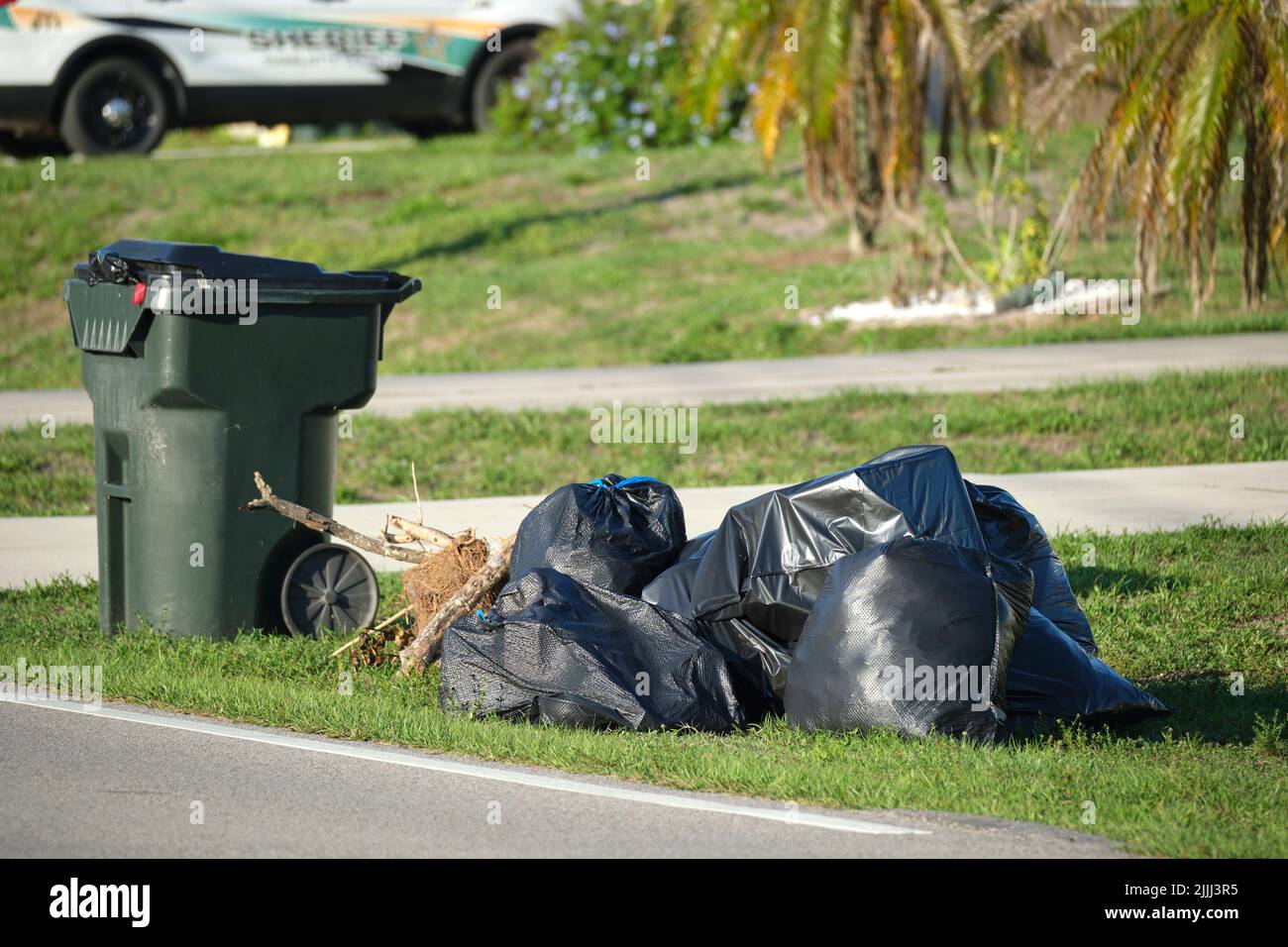 Mucchio di sacchi di rifiuti neri e bidone di plastica all'aperto sul lato rurale della strada. Problemi di gestione dei rifiuti Foto Stock