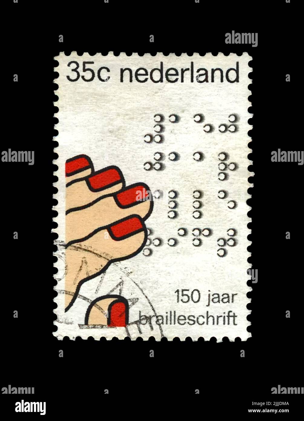 Codice di lettura delle dita di Louis Braille (1809-1852), famoso educatore, timbro cancellato stampato in Olanda Foto Stock