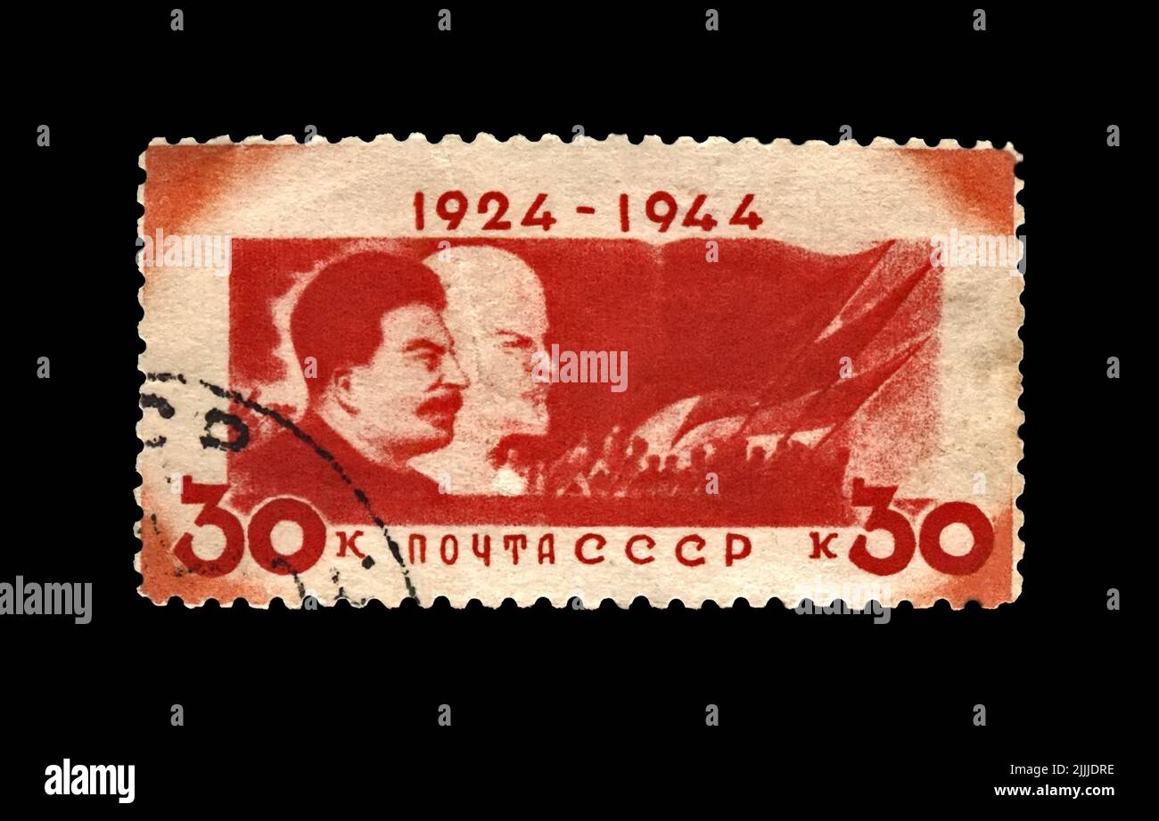Vladimir Lenin e Joseph Stalin, leader politici sovietici, cancellarono il timbro postale stampato in URSS (Unione Sovietica) Foto Stock