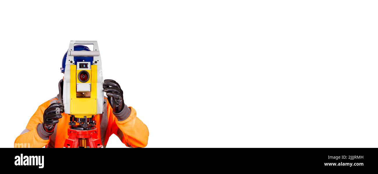 Un costruttore in un casco blu, fleece arancione riflettente ad alta visibilità e guanti di sicurezza su sfondo bianco con spazio per il testo utilizzando moderni rilievi eq Foto Stock