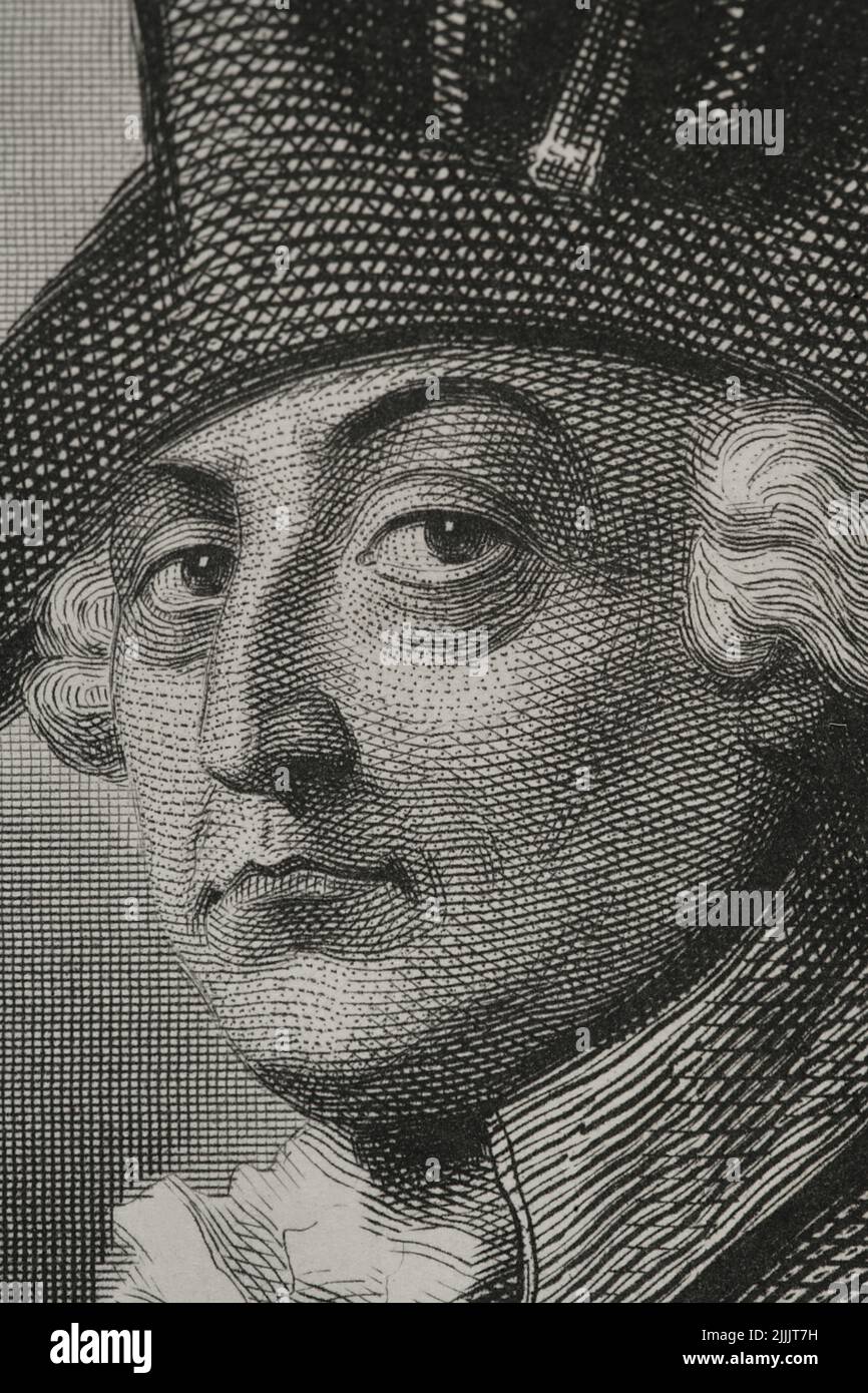 Federico II il Grande (1712-1786). Re di Prussia. Verticale. Incisione di Geoffroy. Dettaglio. "Historia Universal", di César Cantú. Volume VIII. 1858. Foto Stock