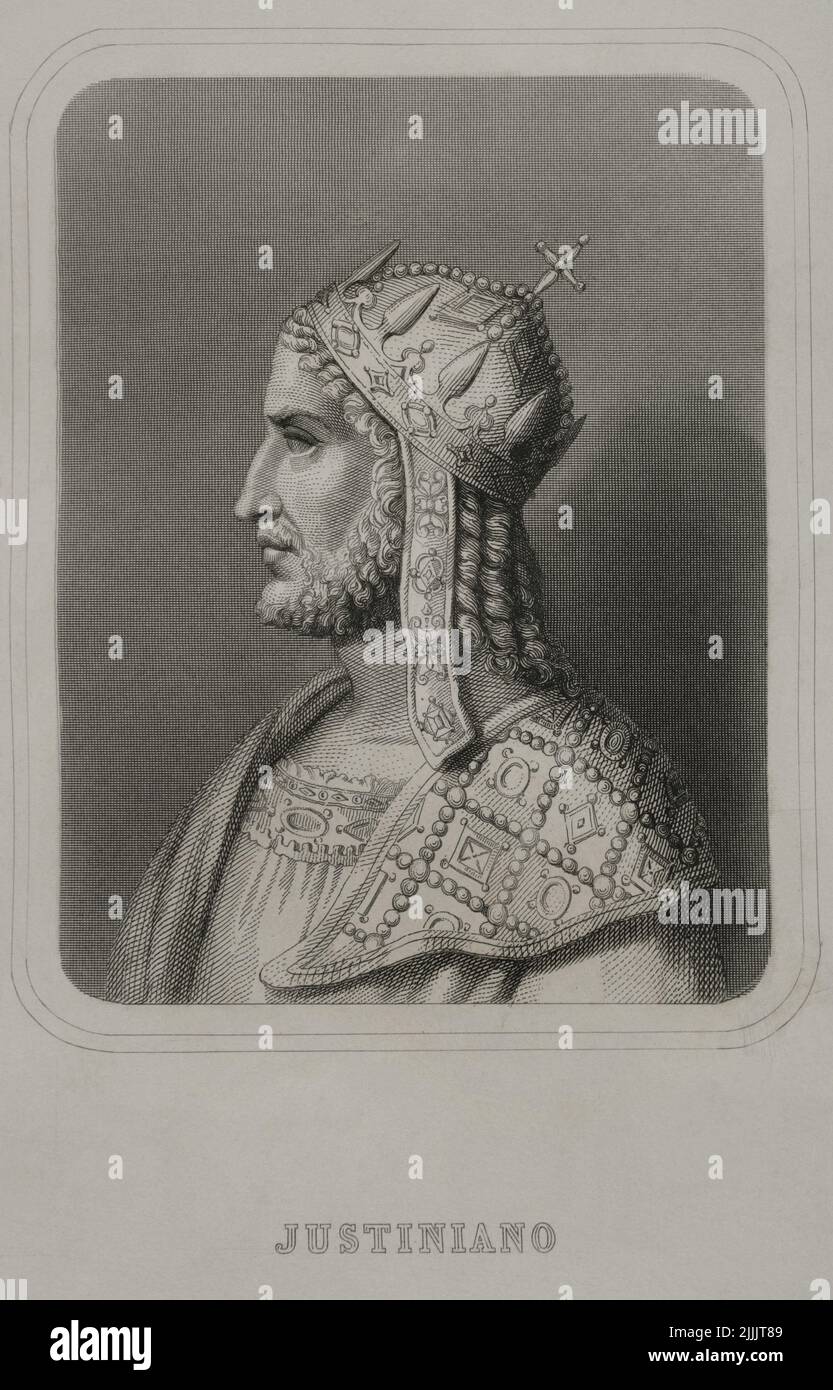 Giustiniano i il Grande (482-565). Imperatore dell'Impero Romano d'Oriente. Verticale. Incisione. "Historia Universal", di César Cantú. Volume VIII. 1858. Foto Stock