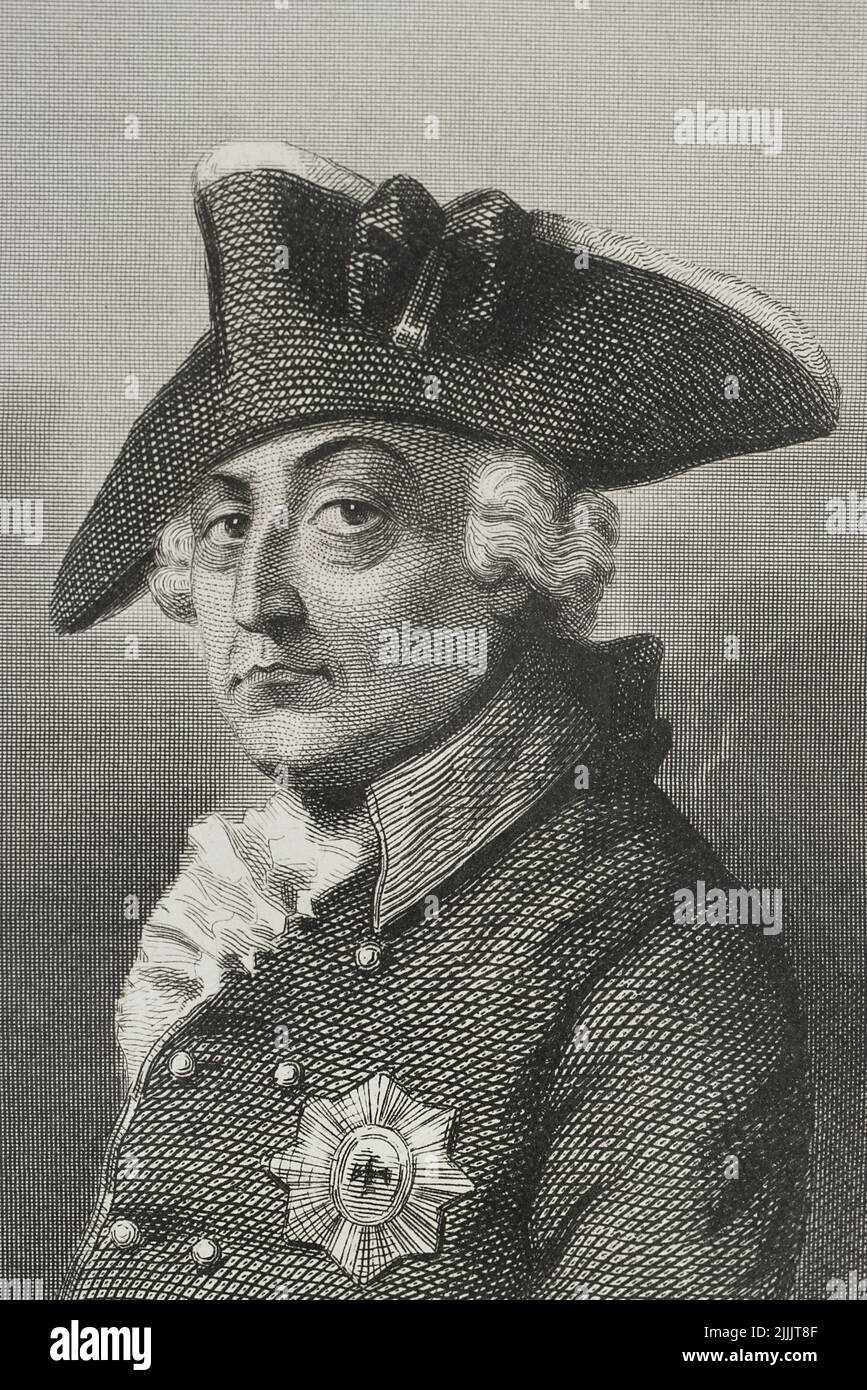 Federico II il Grande (1712-1786). Re di Prussia. Verticale. Incisione di Geoffroy. "Historia Universal", di César Cantú. Volume VIII. 1858. Foto Stock