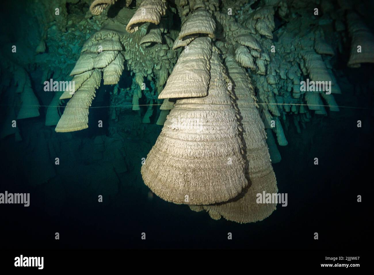 Sono stati soprannominati le campane dell'inferno. Messico: QUESTE immagini INFESTANTI mostrano i subacquei che esplorano oltre 200 metri sott'acqua in una misteriosa formazioni Foto Stock