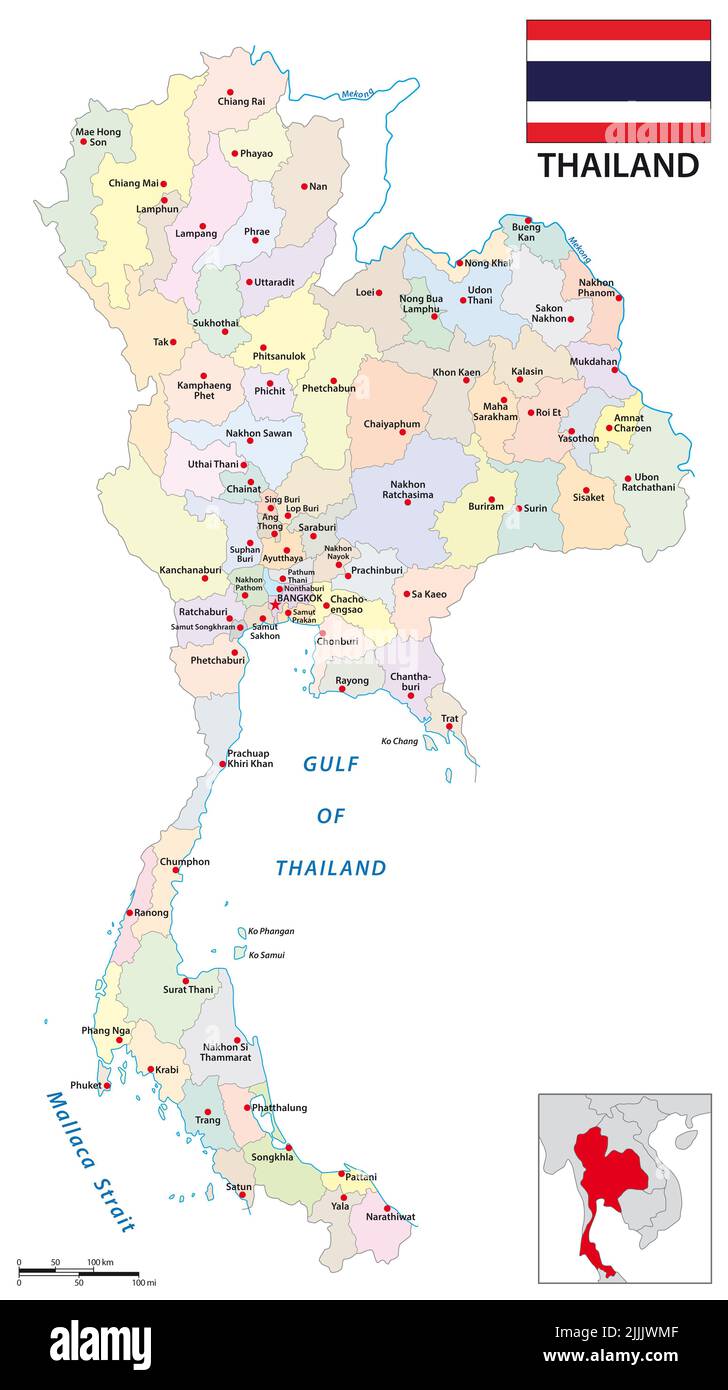 Vettore amministrativa mappa del Regno di Thailandia con bandiera Foto Stock