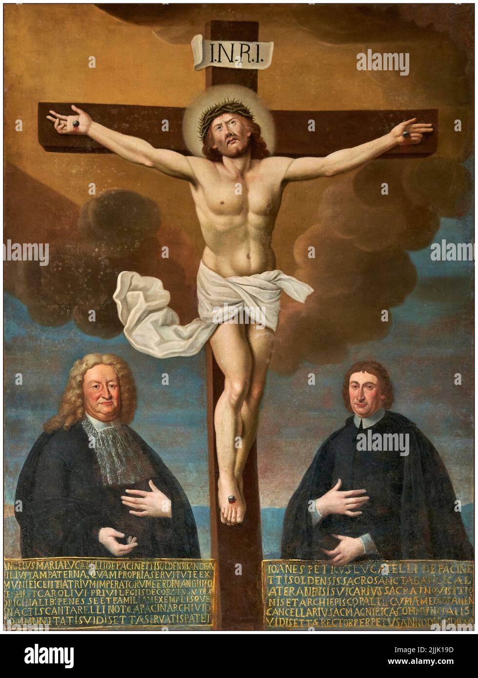 Gesù crocefisso e i due committenti Angelo Maria e Giovanni Pietro Locatelli - affianco - piazzatore lobergamasco - 1720 - Vedeseta (BG), Italia, chi Foto Stock