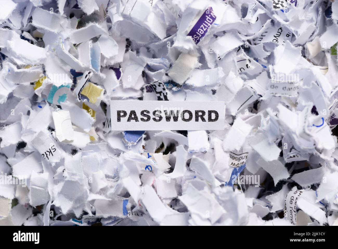 Password di Word in cima a un mucchio di carta frantumata a croce vista dall'alto Foto Stock